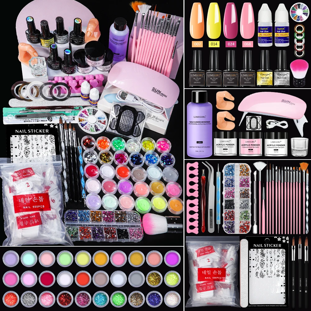 Nail Acrylic Powder and Liquid Monomer Nails Art Decoration Manicure Set Kit Crystal Nail Glitter 3D Tips Carving Tools