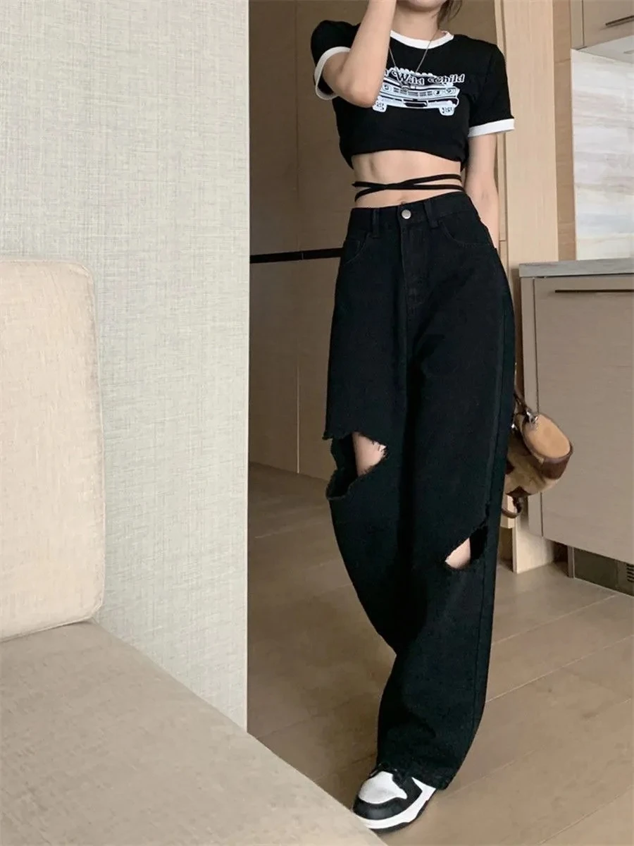 찢어진 블랙 청바지, 하이 스트리트 스트레이트, 루즈한 하이 웨이스트, 와이드 레그, 바닥 길이 바지 