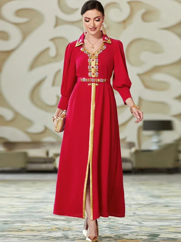 

Eid Party Dress Women Lapel Abaya Ramadan Moroccan Kaftan Dubai Luxurious Beads Dresses Elegant Long Sleeve Islam Turkey Abayas