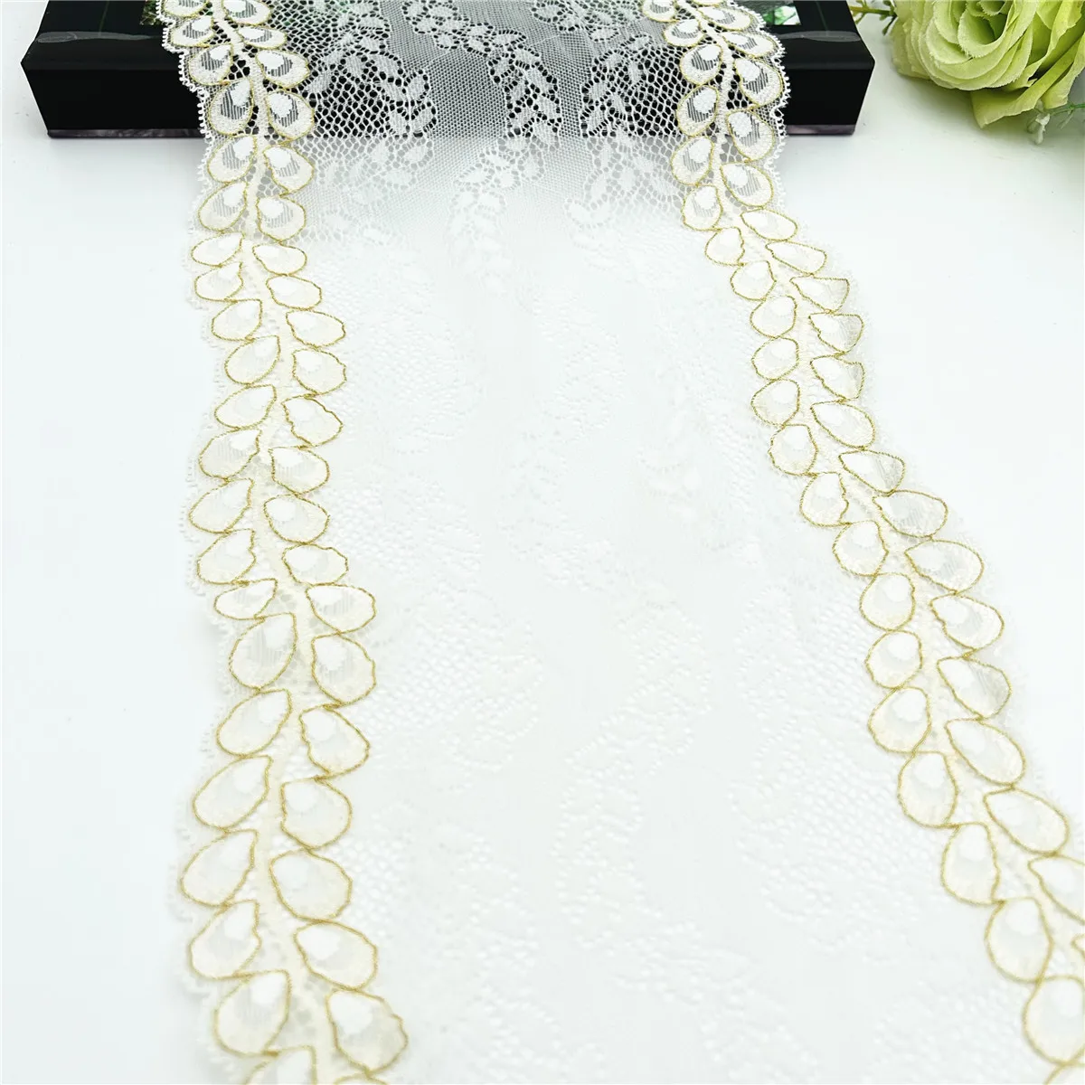 3y/lot Width 19cm Ivory Gold Elastic Stretch Lace Trim For Clothing Accessories Dress Sewing Applique Costume Lace Fabrics 2