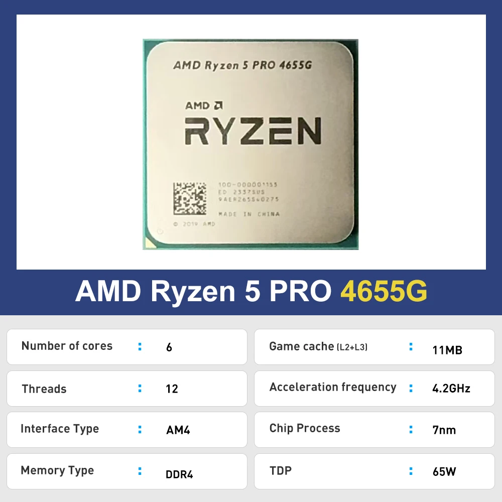 CPU Processor New AMD Ryzen 5 PRO 4655G R5 4655g 6-Core 12-Thread 4.2GHz 7NM DDR4 CPU Integrated Graphics Radeon Vega 7 Socket AM4 but no fan