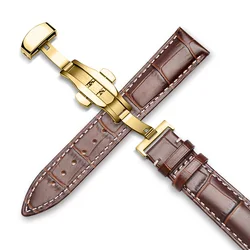 Butterfly Pattern Genuine Leather Watch Band Strap with Deployant Buckle in Brown & Black (12-24mm) for 22mm (Gold-Brown-A)