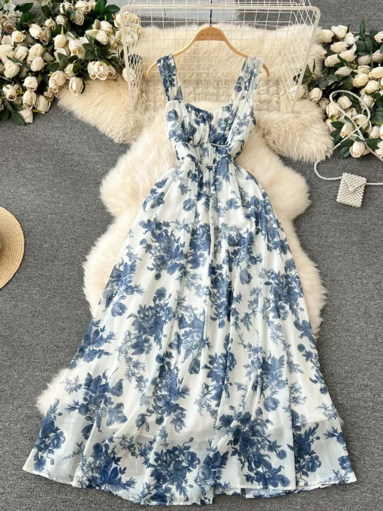 

French Blue Printing Beach Long Dress Women Retro Floral Elegant Party Dresses Ladies Slim A-line Sleeveless Chiffon Long Robe