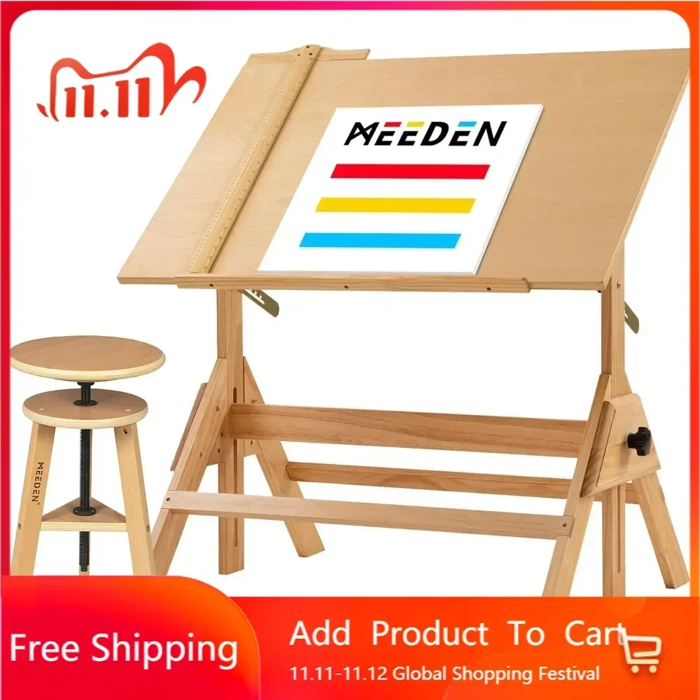 NEW-Wood Drafting Table & Stool Set,Artist Stool and Craft Table with Adjustable Height,Tiltable Tabletop for Artwork, Graphic D