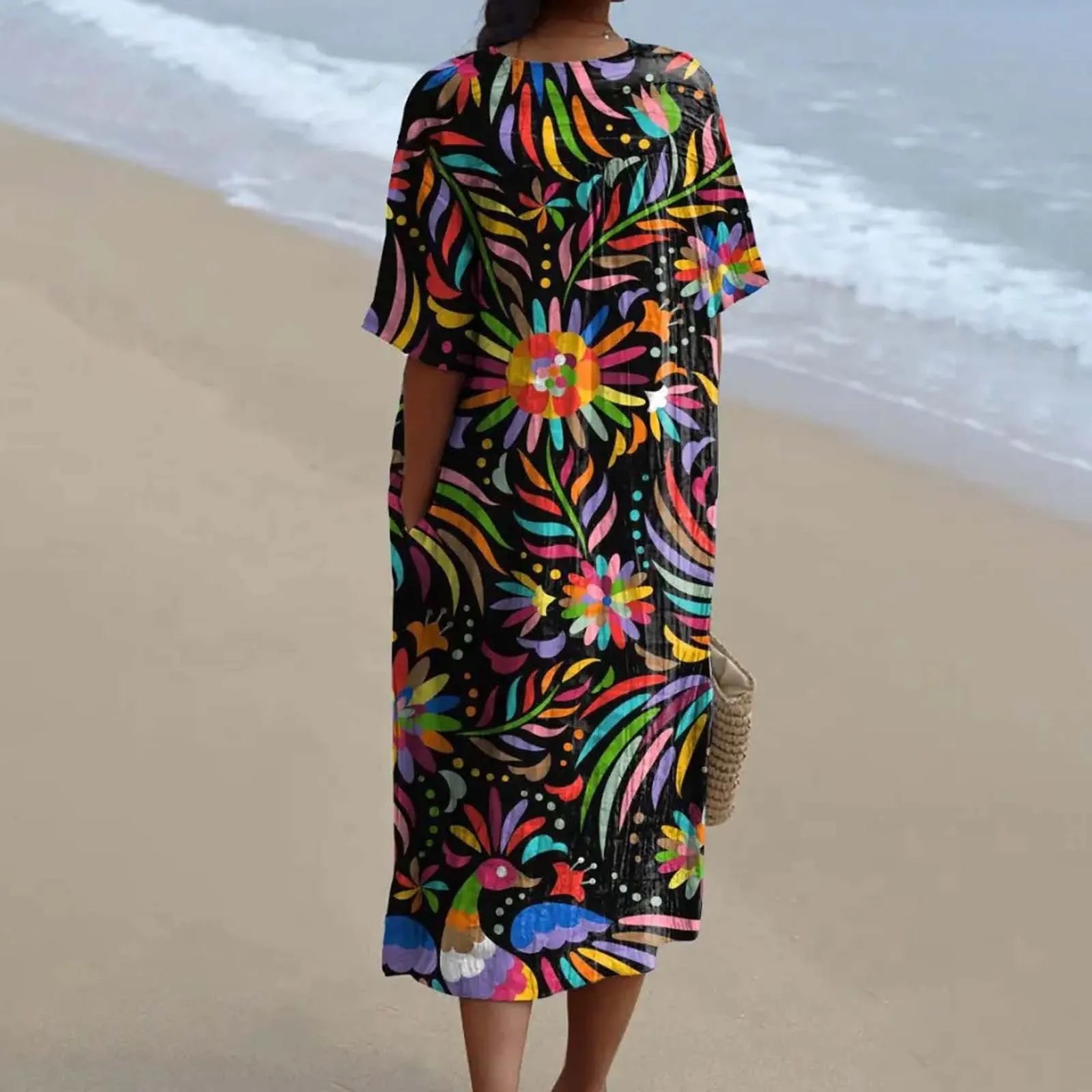Womens Beach Cotton Linen Floral Printed Dresses With Pockets Casual And Streetwear Dress Long Shirts Plus Size 4xl 5xl