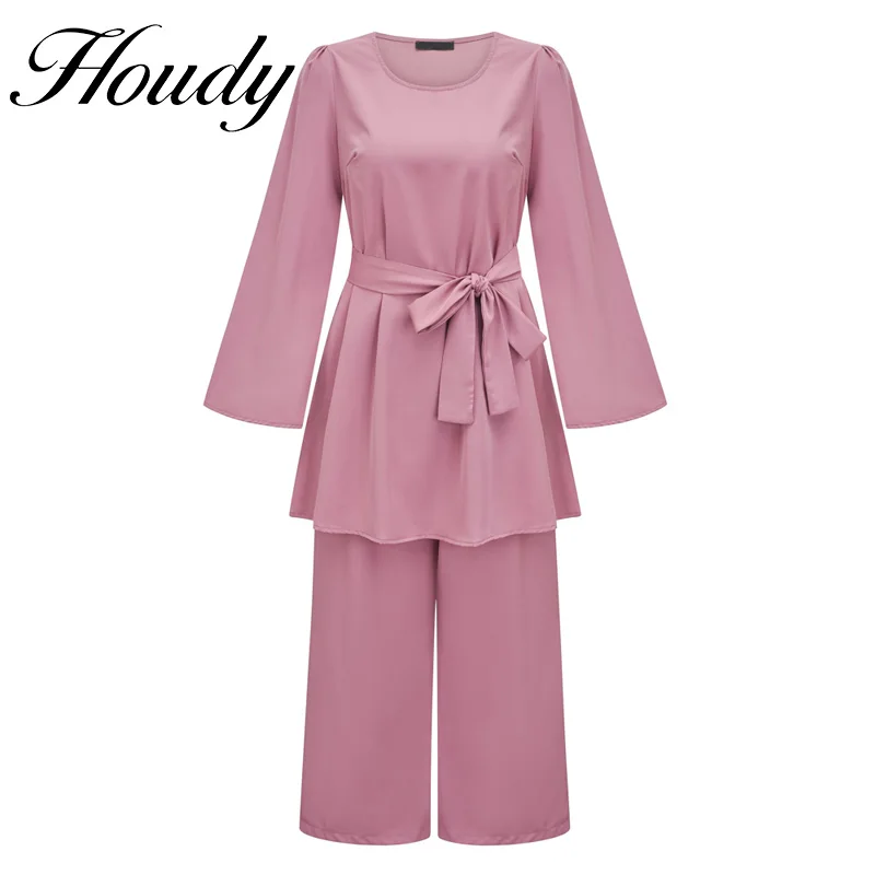 

2022 Muslim Women Arab Suit Fashion Long Sleeve Tops + Wide Leg Pants Islamic Two Piece Set Outfits Female Blouses Women Sets