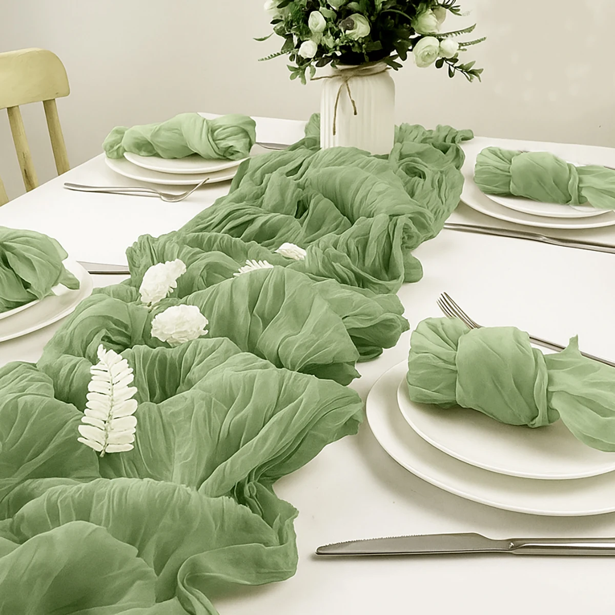Sage Green Semi-Sheer Gauze Table Runner - Vintage Rustic Decor