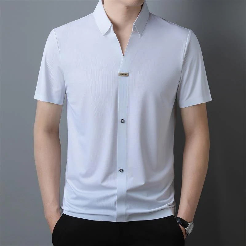 

CASUMANL Summer Shirts for Men 2023 Solid Color Anti Wrinkle Thin Letter Icon Mens Shirt Classics Midlife Business Casual Tops