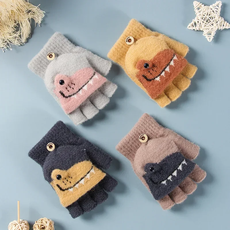 Toddler Kids Winter Knitted Fingerless Cartoon Gloves winter gloves baby mittens Thick Warm Outdoor Writing Convertible Flip Top Half Finger Mittens 6-10Y