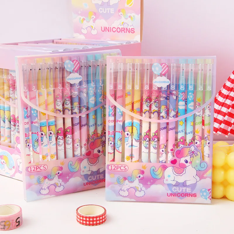 

12Pcs/Lot Cute Unicorn Erasable Gel Pen 0.5mm Black Ink Neutral Pen Cartoon Removable Signature Pen School Office Stationery