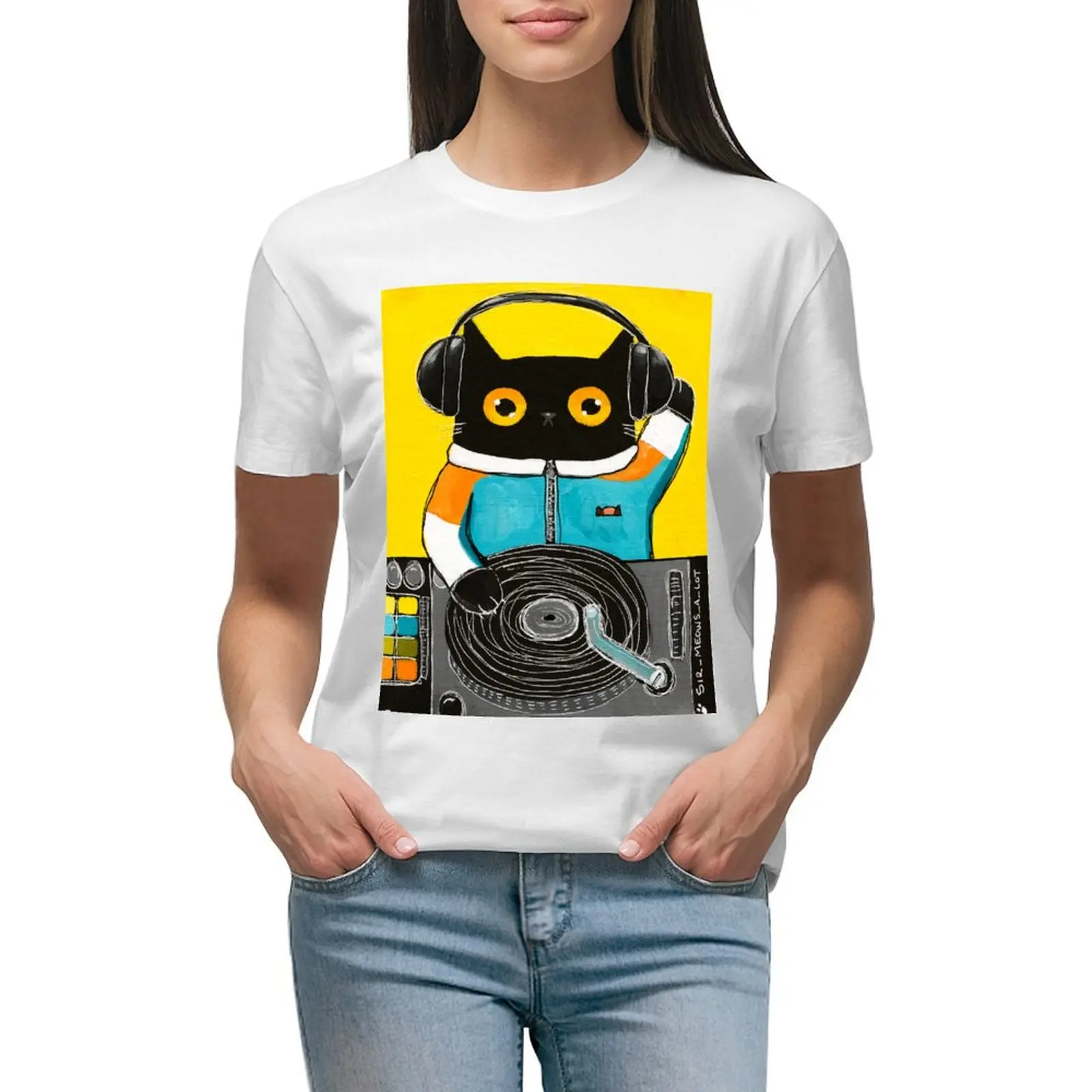 

DJ Cat 2 T-shirt Short sleeve tee hippie clothes Women t-shirts