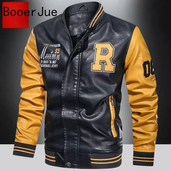 Bomber Jacket Men Baseball Motorcycle Embroidered Leather Pu Coats Slim Fit College Fleece Luxury Pilot Jackets Top Winter Coat