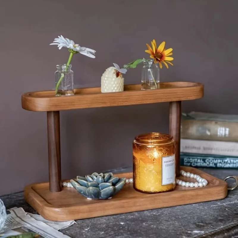 Set Organizzatore da Scrivania in Legno a 2 Livelli - Scaffale Multifunzionale per Gioielli, Cosmetici, Cancelleria e Decorazioni per la Casa - immagine 2
