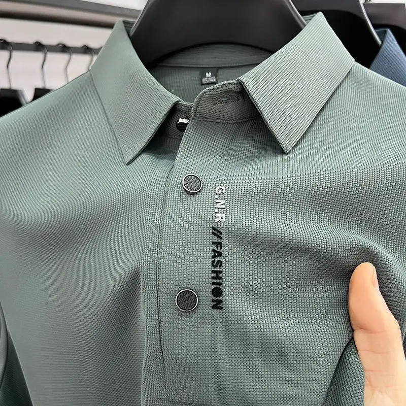 

High End Luxury Ice Silk Short Sleeved Men's/men's High-quality Business Seamless Lapel Knit Khaki Military Green Navy Blue