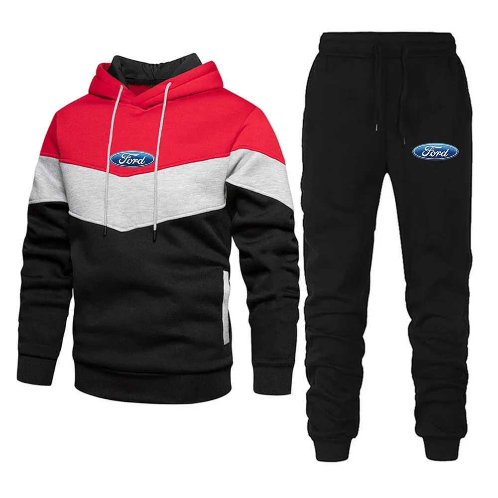 

2023 Spring And Autumn New Print Men Ford Car Logo Casual Fashion Three Color Patchwork Pullover Hoodies + Trousers Hot Sale Set