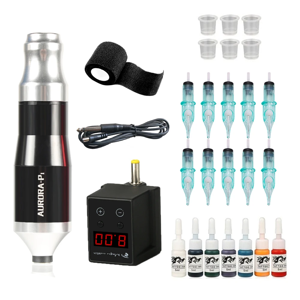 

Дешевая беспроводная тату-ручка, набор DC Jack, роторная тату-машина с светодиодный, источник питания, батарея, тату-чернила, набор для боди-арта