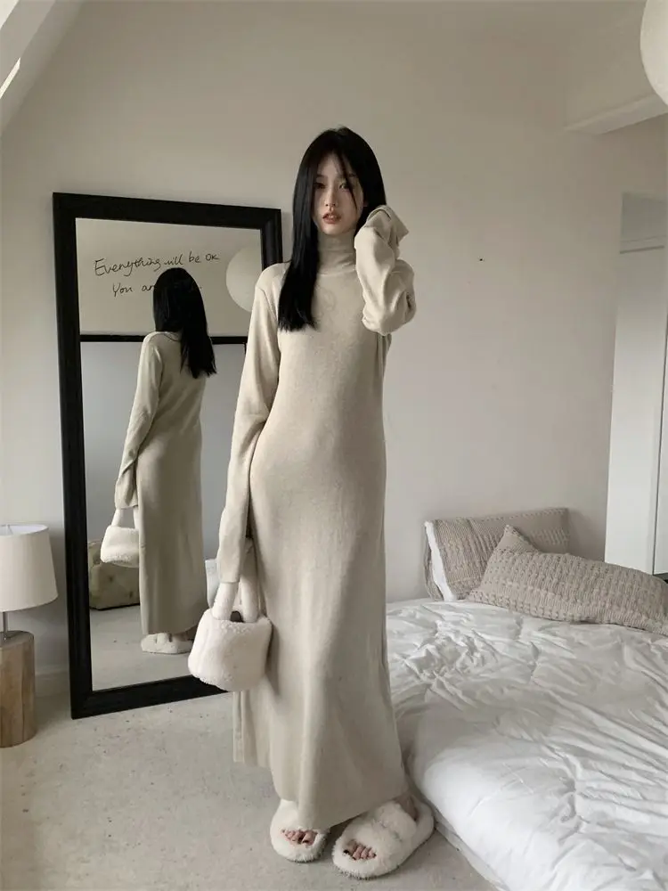 

HOUZHOU Korean Style Knitted Dress Women Turtleneck Long Sleeve Maxi Dress Casual Elegant Black Bodycon Dress Female Winter