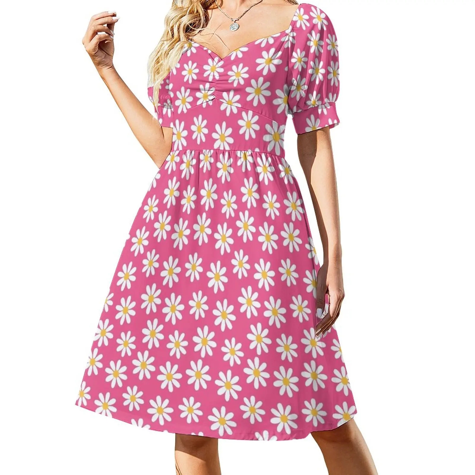 

White Daisies on Pink Seamless Pattern Print Sleeveless Dress dresses for women 2023 luxury designer party evening dress