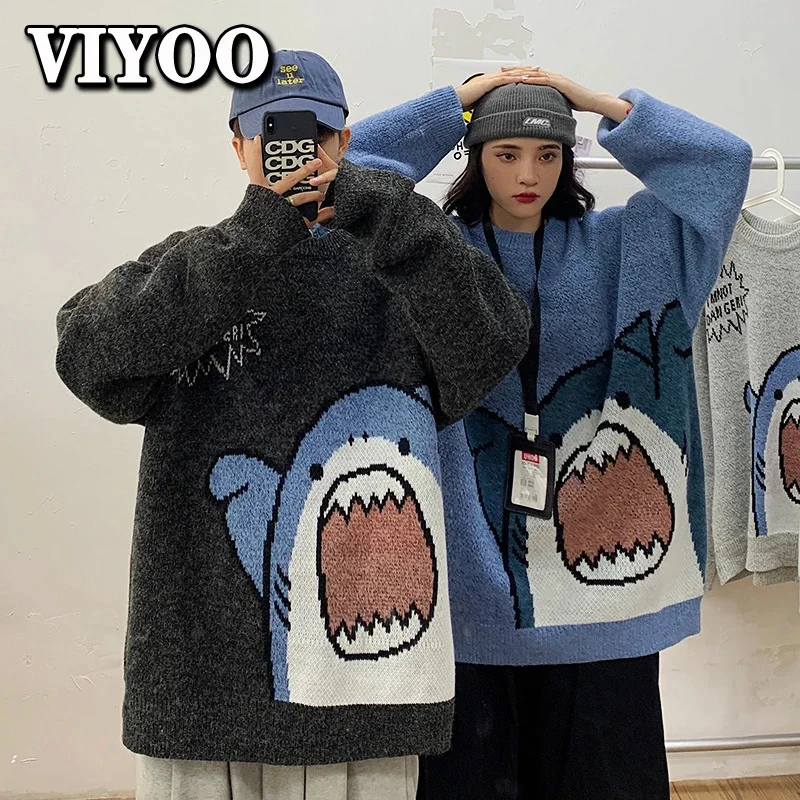 

Men's Y2K Clothes Pullover Cold Blouse Sweater Autumn Winter Patchwork Harajuku Cartoon Cute Shark Turtleneck Women's