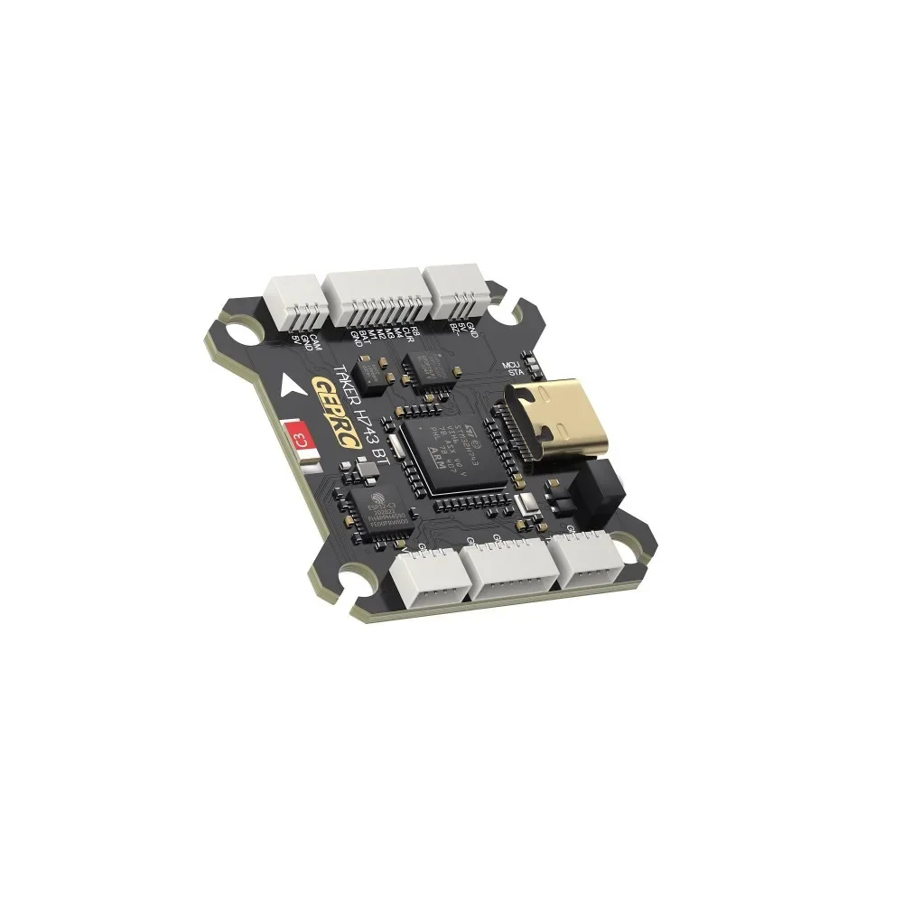 Détail du contrôleur de vol double gyro du stack FPV GEPRC TAKER H743 BT 65A, avec ports et connecteurs.