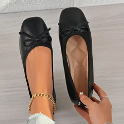 Elegant Bowknot Nude PU Ballet Flats - Lightweight Soft Designer Mary Jane Shoes - 38 (Black)