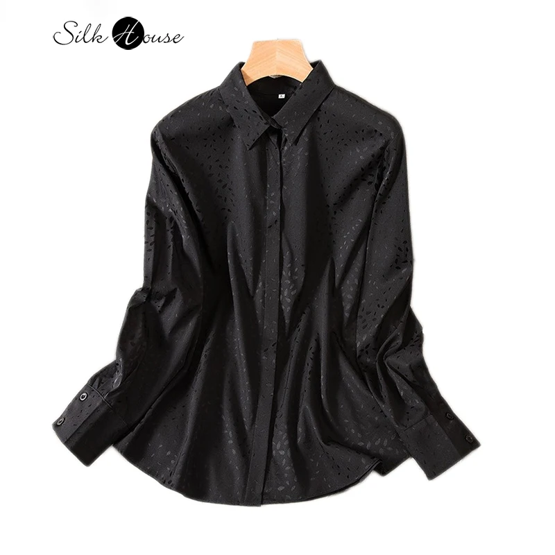 2024 Women's Summer Fashion New 93%Natural Silk Black Jacquard Shirt Top Long Sleeved Solid Elegant Comfortable and Breathable