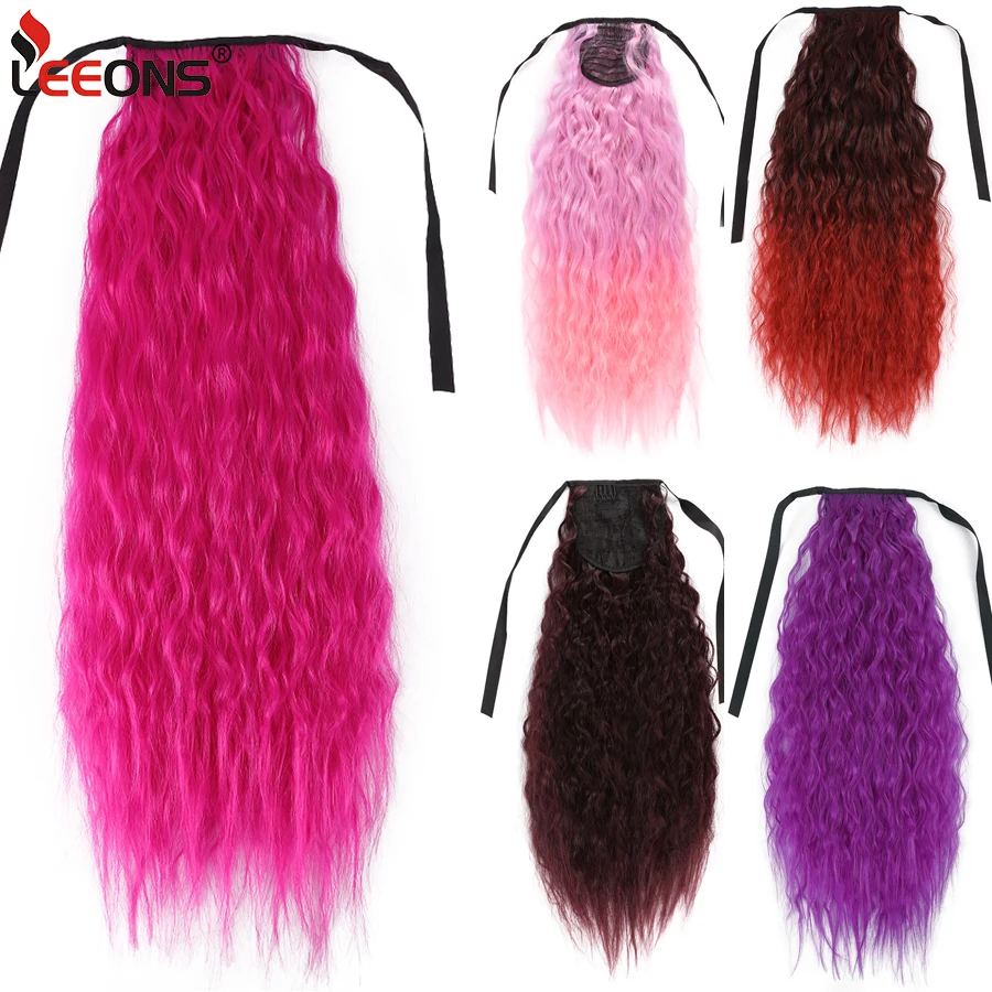 Long Synthetic Corn Wave Ponytail Extension Clip In Ombre Red Pink Color Curly Wavy Hair Extensions Tie Up Ponytail Hair Piece