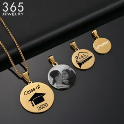 Stainless Steel Engrave Name Circle Pendant Necklace For Women Custom Logo Letter Picture Round Necklaces Wedding Jewelry Gift