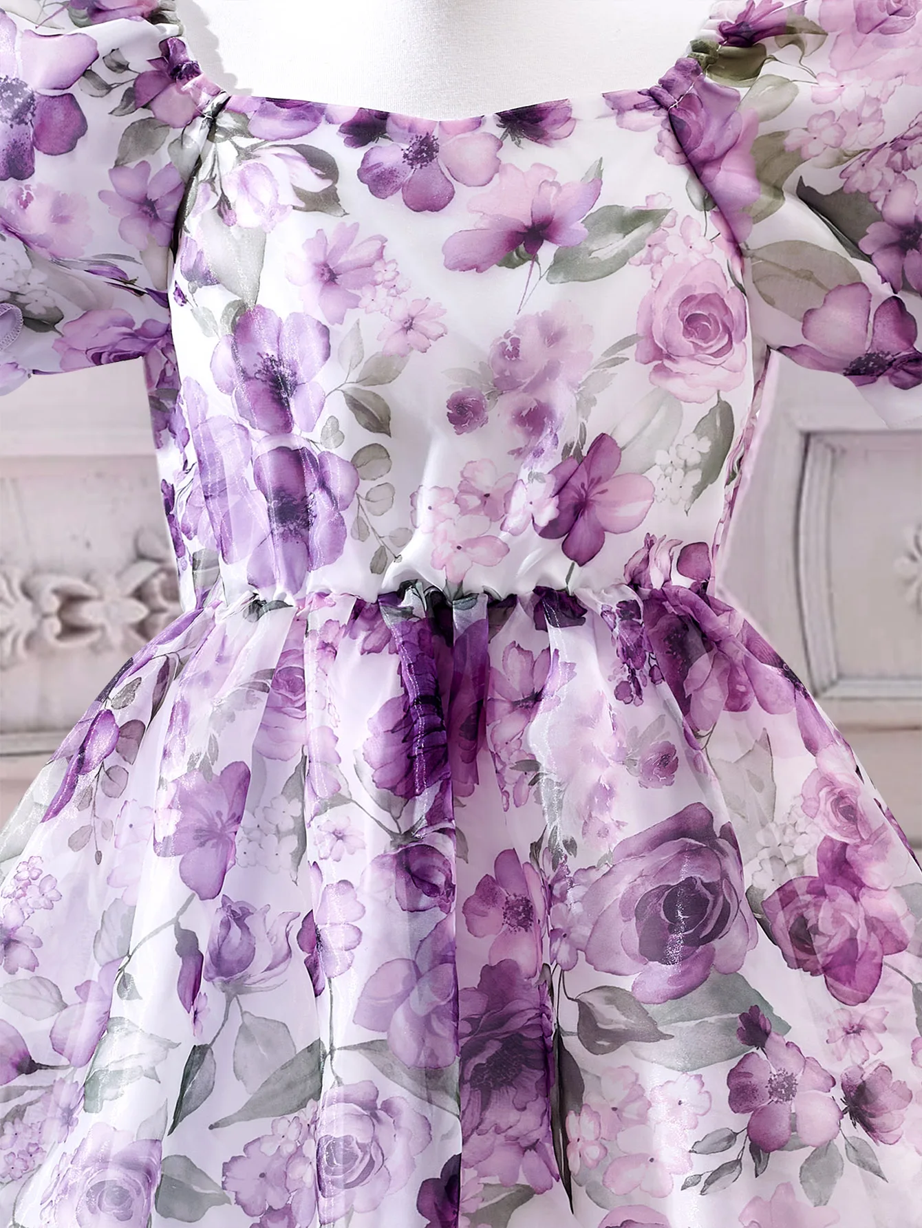 Enchanting Purple Floral Dress for Girls - Puff Sleeves & Waist-Hugging Silhouette