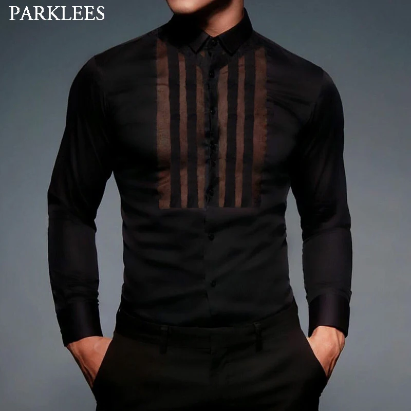 

Mens Sexy Black See Through Lace Shirt Casual Slim Fit Long Sleeve Clubwear Shirt Party Event Prom Transparent Chemise Homme 2XL