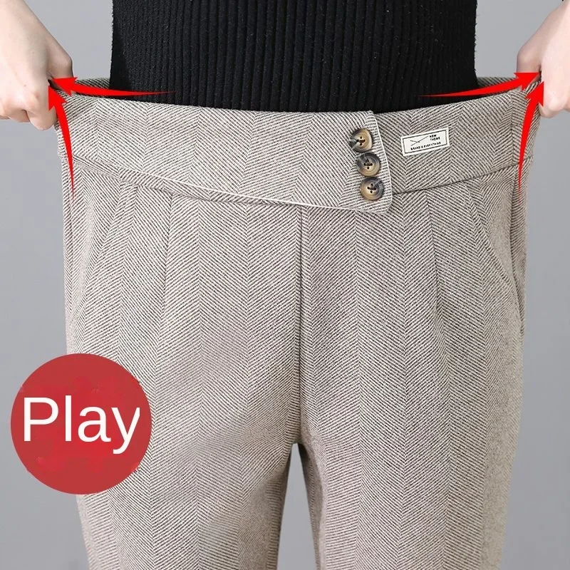 New Woollen Trousers Women Autumn Winter Fleece-Lined Herringbone Pattern High Waist Loose Casual Pants for Women