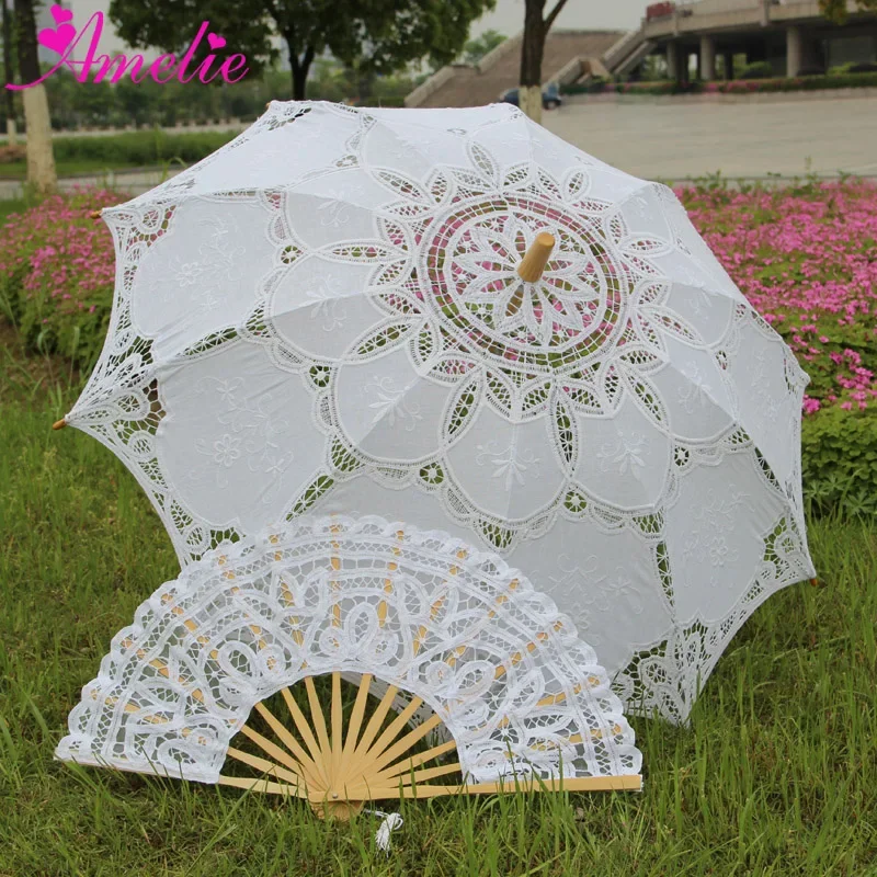 Handmade Bridal Battenburg Lace Parasol and Fan set Wedding Bride Umbrella