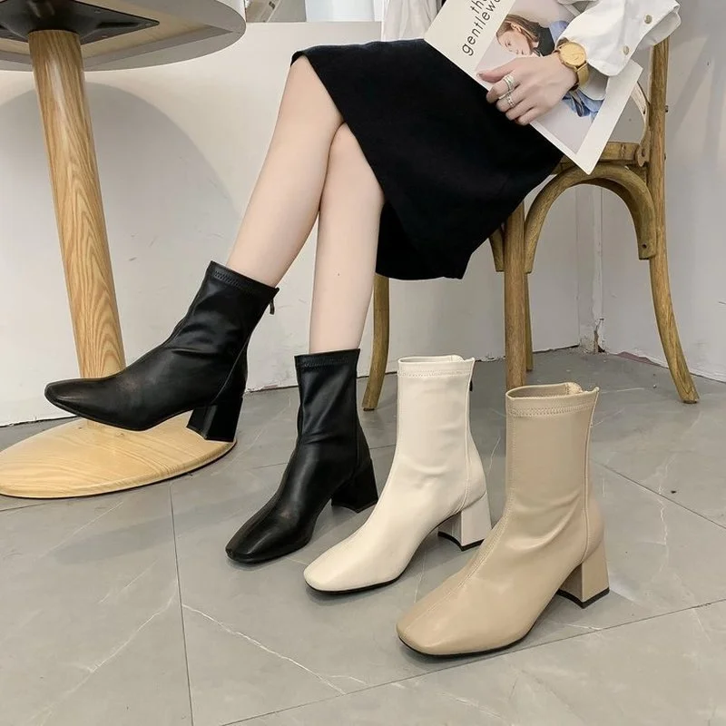 Autumn Women Fashion Square High Heels Zapatos De Mujer White Patent Leather Shoes Ankle Boots Black Woman Zipper women shoes