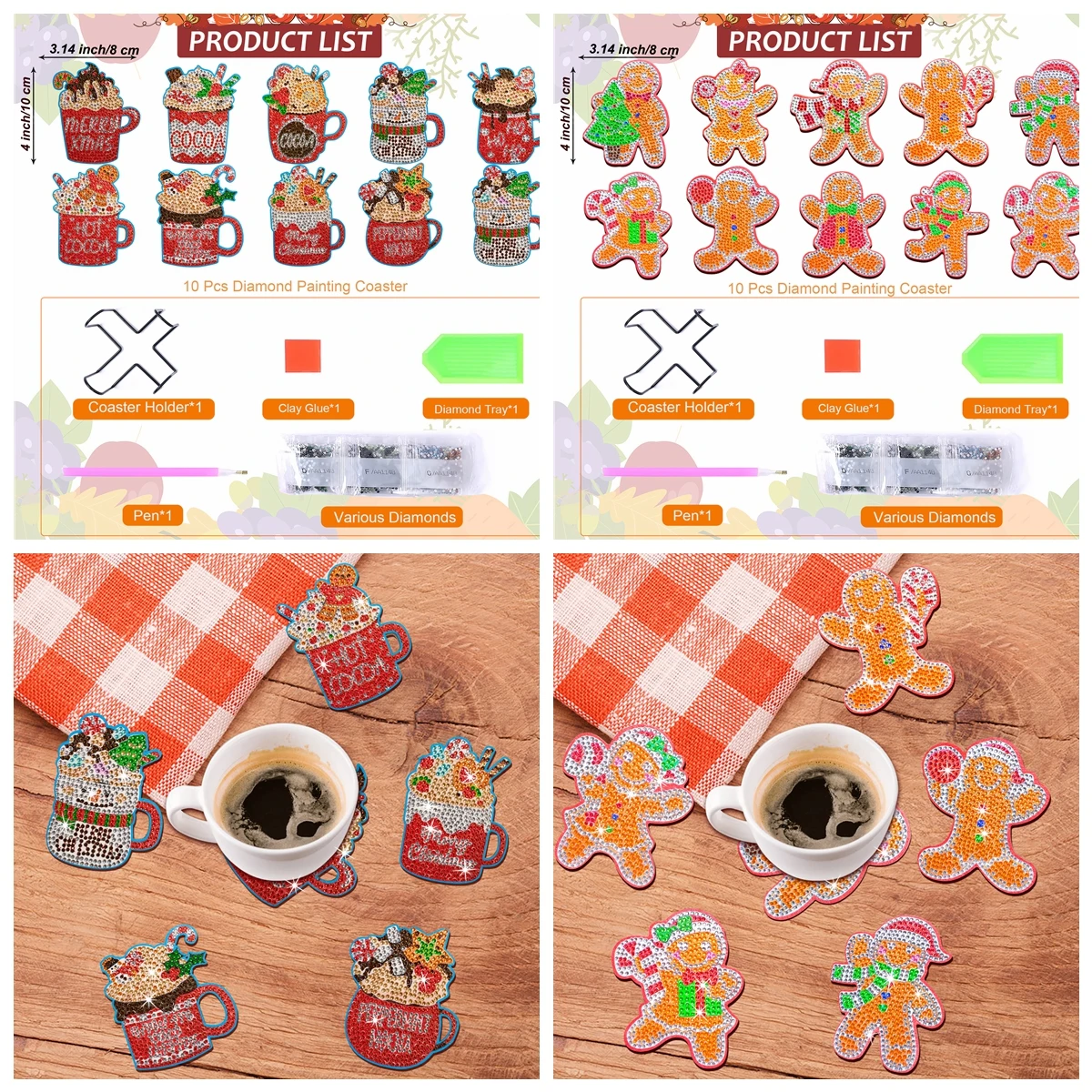 10pcs/Set DIY Christmas Diamond Painting Coasters with Holder Anti Slip Wood Drip Mats Diamond Art Christmas Coasters for Adults diamond painting diamond painting coasters