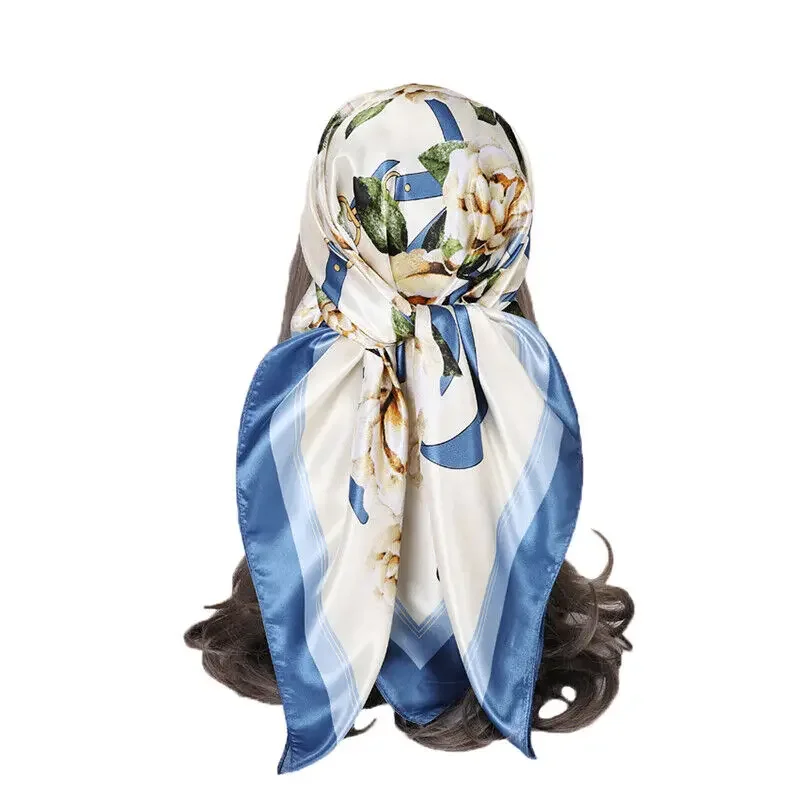 Flower Scarf Women Girl Fashion Square Shawl Stole Faux Silk Kerchief 35