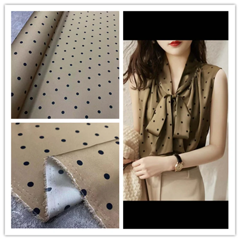 

Light Luxury Fashion Polka Dot Camel Bottom Black Silk Polka Dot Stretch Silk Fabric Mulberry Silk Shirt Dress Clothing Cloth