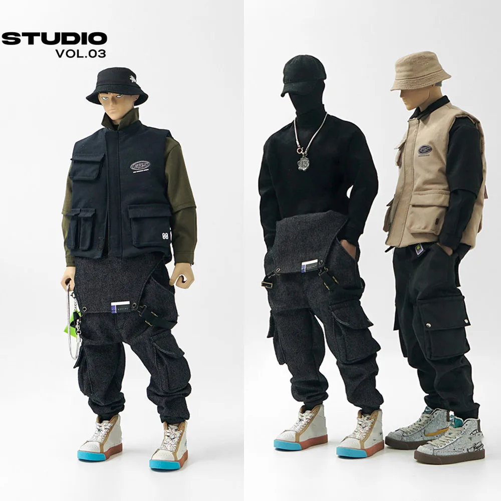 

1/6 Male Soldier Multi Pocket Mock Neck Zippered Vest Long Sleeve Shirt Overalls Jumpsuits For 12Inch Action Figure Body Toys