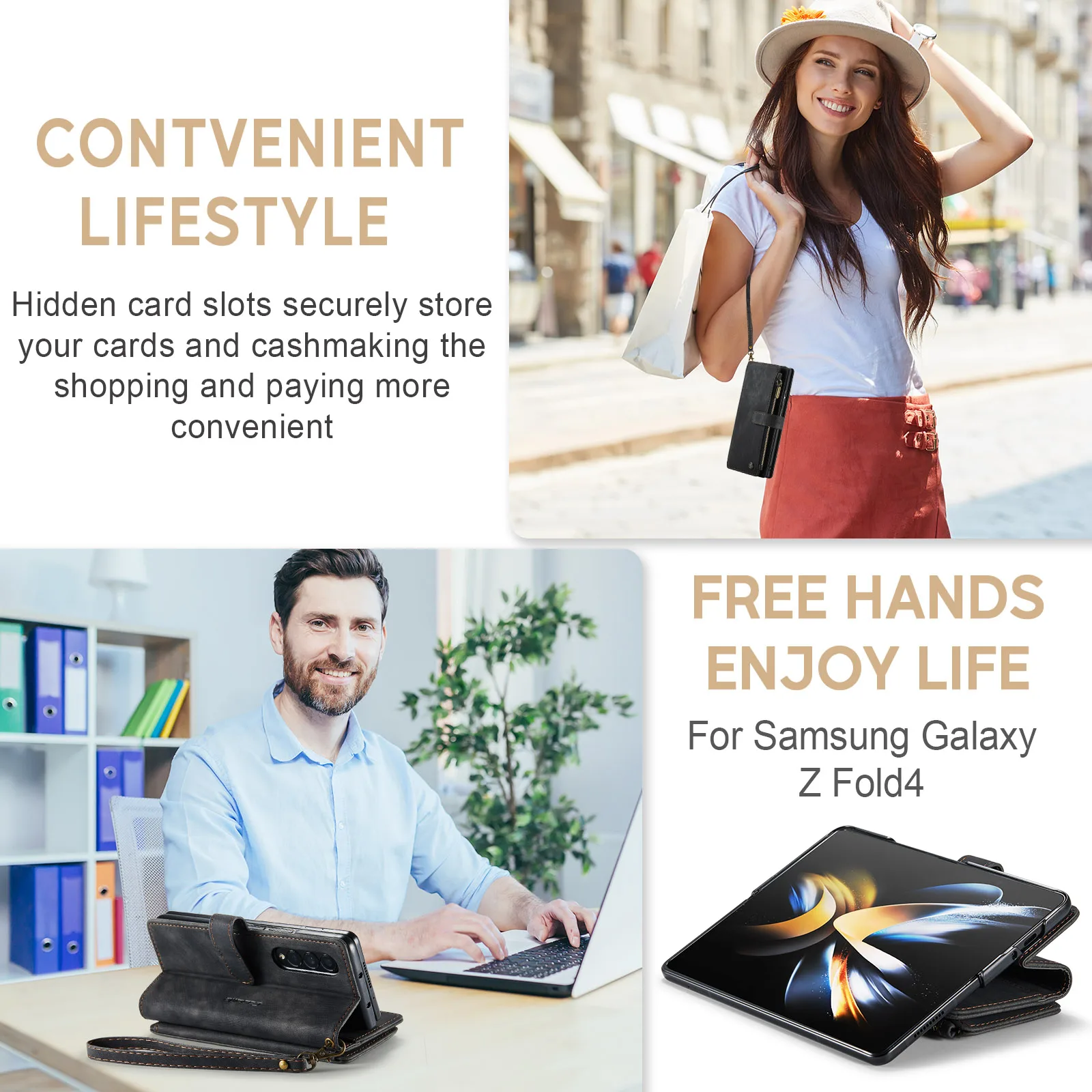 Durable PU Leather Magnetic Wallet Flip Case with Lanyard Strap and Zipper Card Holder