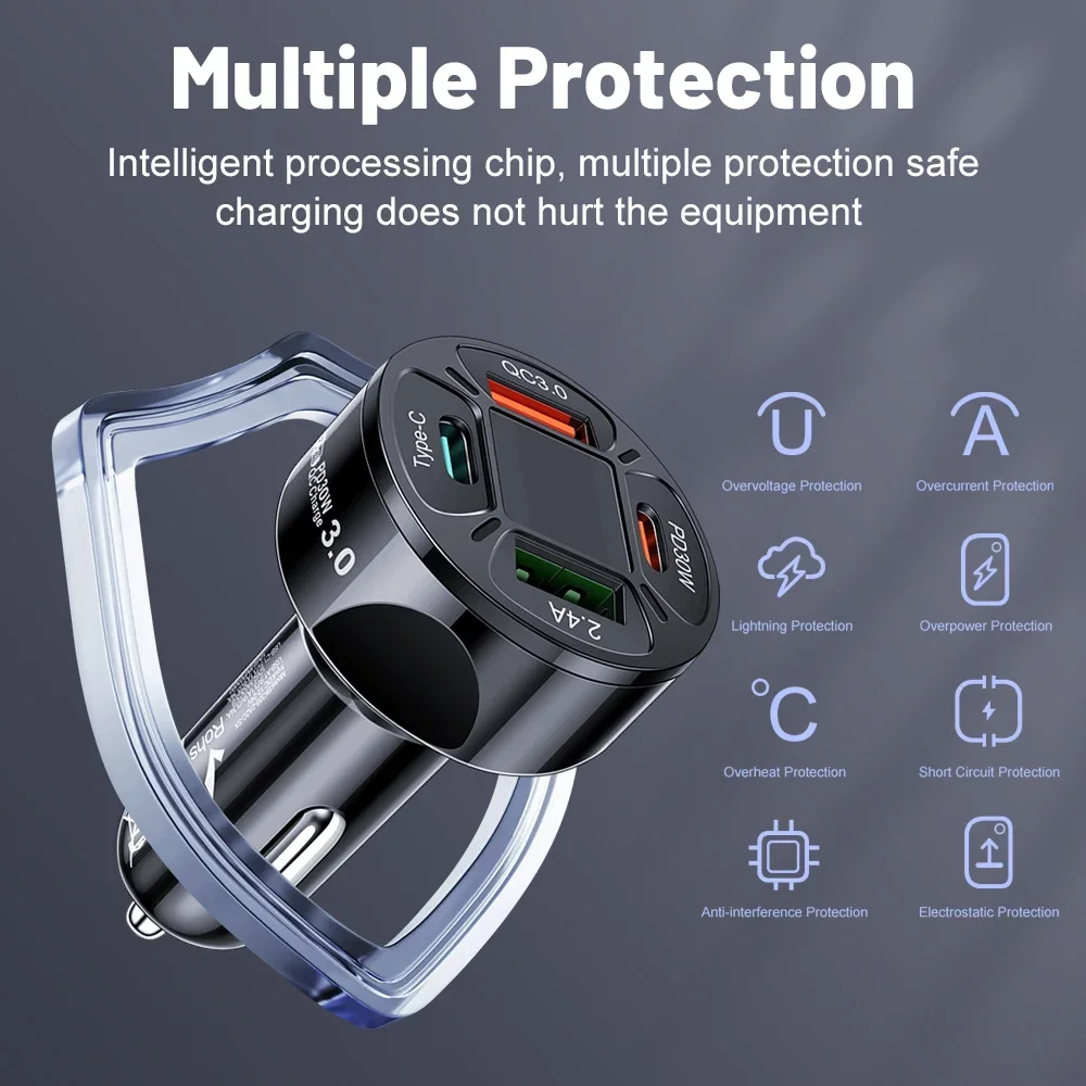 100W Car Charger USB C Phone Charger Super Fast Charging with Digital Display Quick Charging Adapter for IPhone Samsung Xiaomi