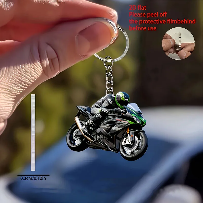 2/1 Motorradfahrer 2D Flacher Acryl-Schlüsselanhänger - Mit Helm-Fahrer und Motorrad-Design, Ein Geschenk für Männliche Motorrad-Enthusiasten