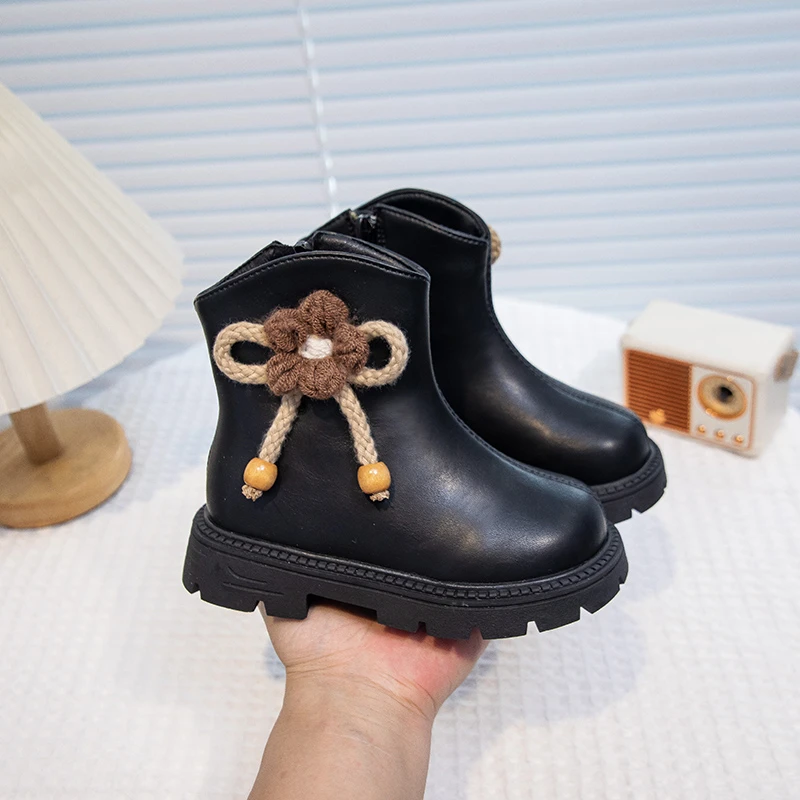 Girls Thermal Ankle Boots with Cute Flower for Autumn Winter