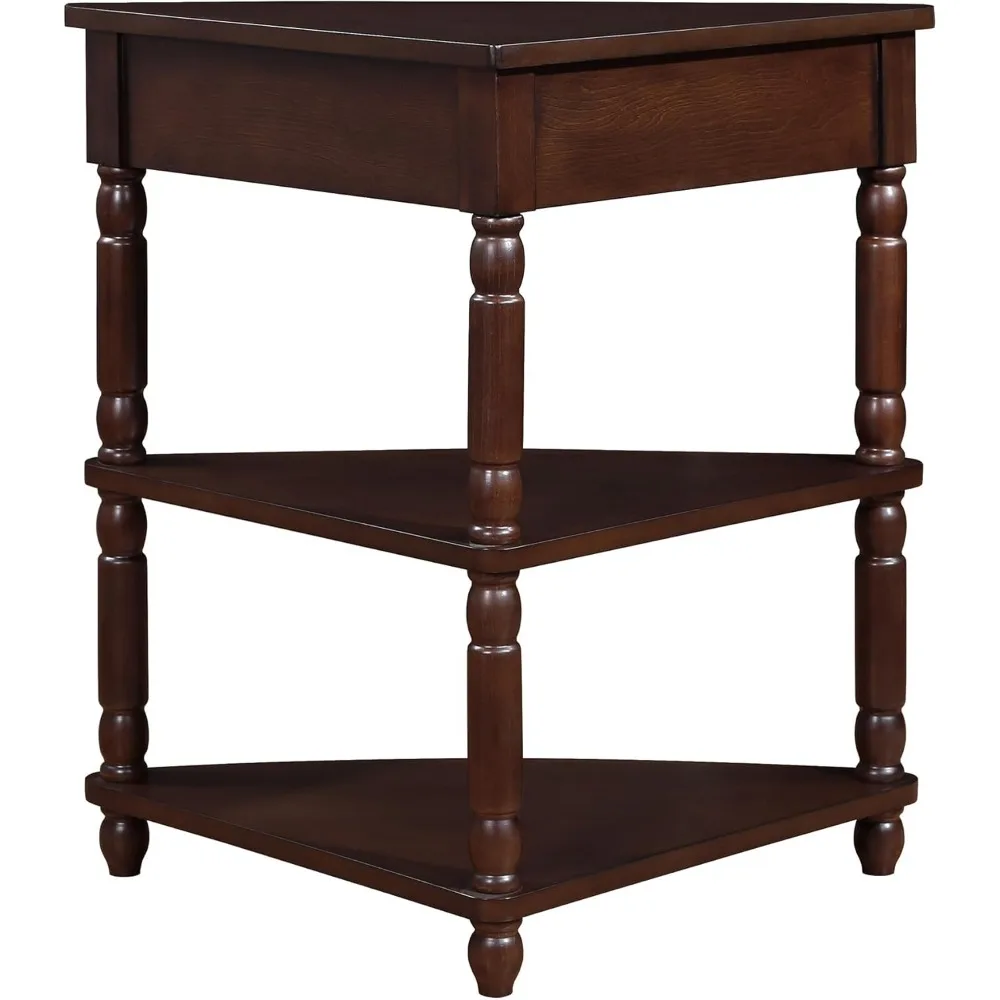 Small corner table for small Spaces, 33.8 "wooden triangular side table with drawers and 2 open shelves 6