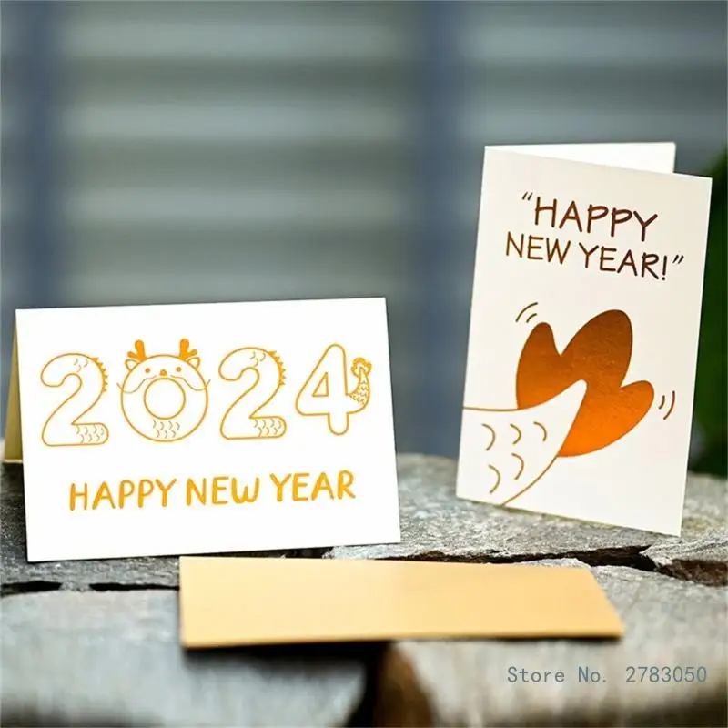 

10pcs 2024 New Year Greeting Card Bronzing Blessing Cards Chinese New Year Postcards for Kids Gifts Winter Holiday Party