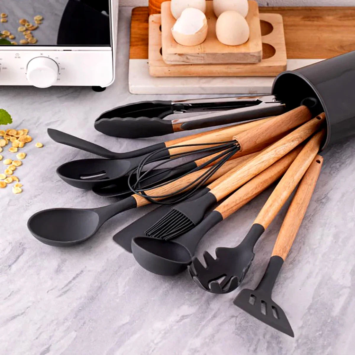 Silicone Kitchen Utensils With Storage Wooden Handle Bucket High Temperature Resistant And Non Stick Pot Spatula Spoon 12Pcs/Set silicone kitchen utensils