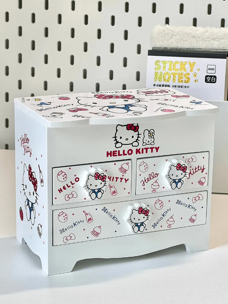 Sanrio-女の子のための化粧鏡付きの木製収納ボックス,ハロー