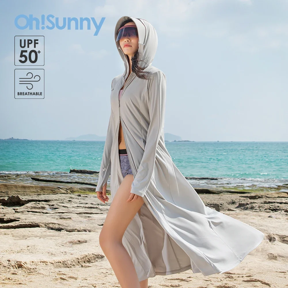 OhSunny Summer Long Coat Sun Protection Clothing Women Windbreaker With Hooded UPF50+ Breathable Thin Sports Beach Jackets us stock ohsunny new breathable sun protective scarf tech fabric washable sunscreen anti uv protection upf50 for beach cycling