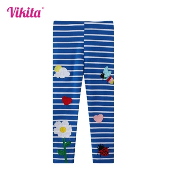 VIKITA 2025 New Summer Pants for Kids Gift for Children Flower Heart Shape Cartoon Appliqued Striped Cotton Skinny Pants Pants 1