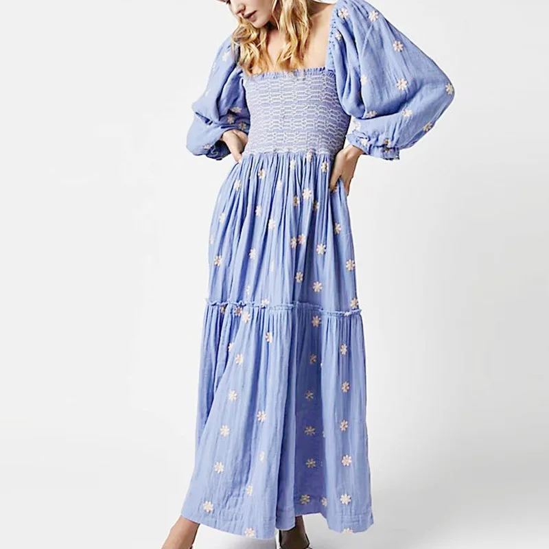 

Женское свободное Плиссированное Платье, Элегантное Длинное винтажное платье с цветочным принтом, квадратным вырезом, открытой спиной и рукавами-фонариками