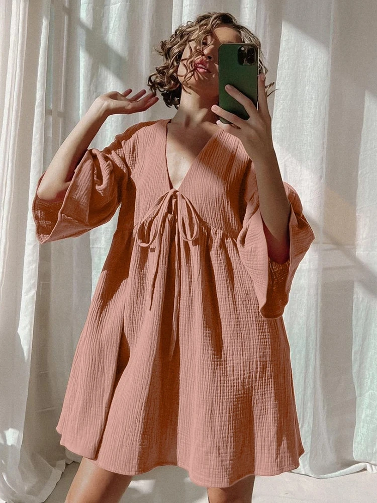 Loose Night Dress Women Cotton Peplum Half Sleeve V Neck Sleepwear Female 2023 Spring Casual Woman Dresses Solid Pajamas