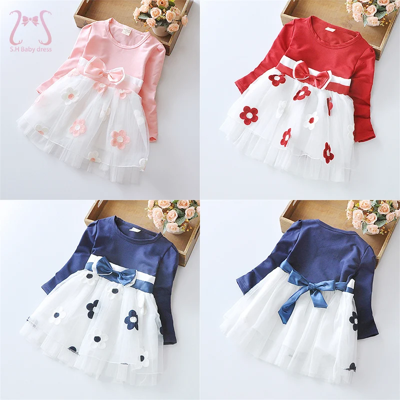 Spring Autumn Baby Girl Dress Lovely Kid Flower Bow Children Clothing Princess Evening dresses Toddler Clothes 0-4 Y Long Sleeve